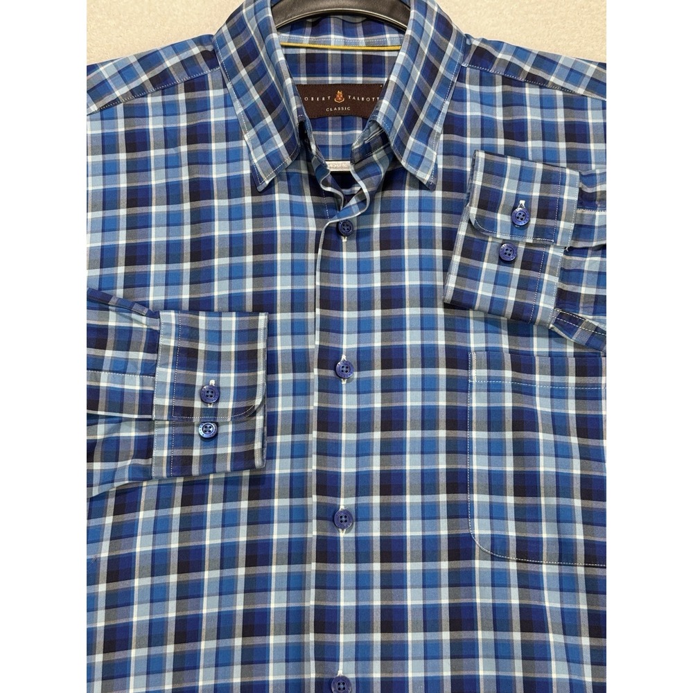 Robert Talbott Classic Shirt Men M Blue Gingham‎ Plaid LS Hidden Button Down